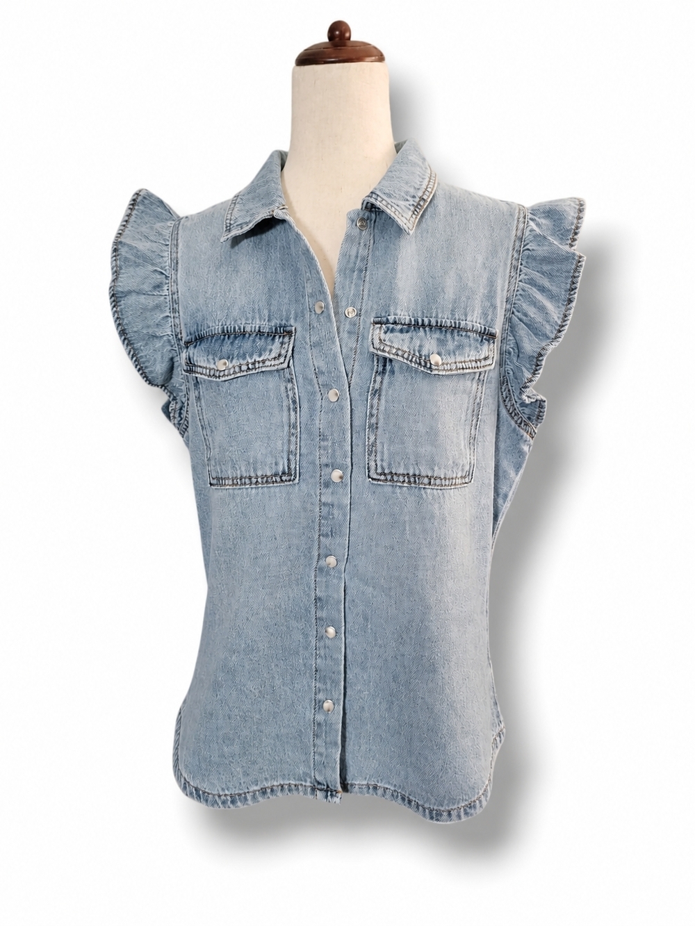 Sleeveless Light Wash Denim Button-Front Shirt with Ruffle Sleeves Frye